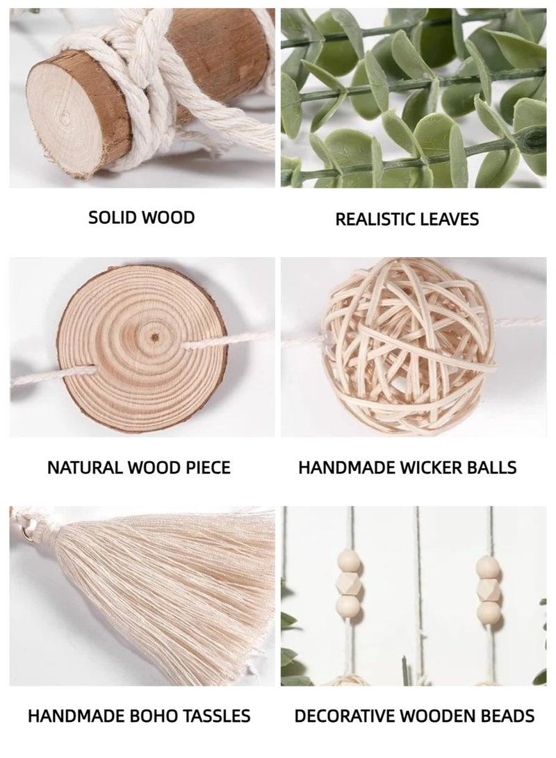 عش الحضري معلق حائطي من المكرميه لعرض الصور، منظم بطاقات الصور مع كرات من الخوص على شكل أوراق، ديكور حائطي يدوي من النباتات الطبيعية على طراز بوهو، هدية - Image 4